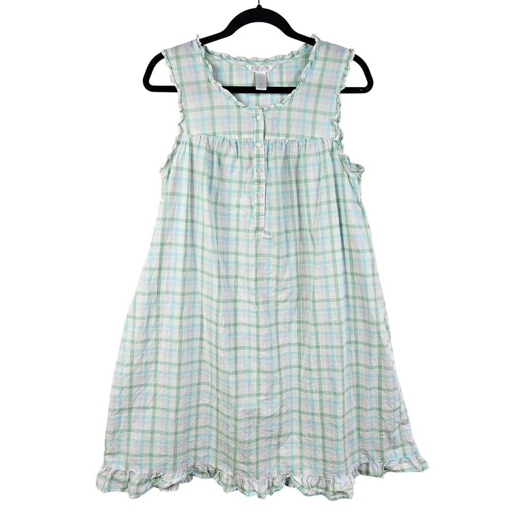 Adonna Pastel Plaid Ruffle Cotton Sleeveless Nightgown M Cottagecore Grandmacore